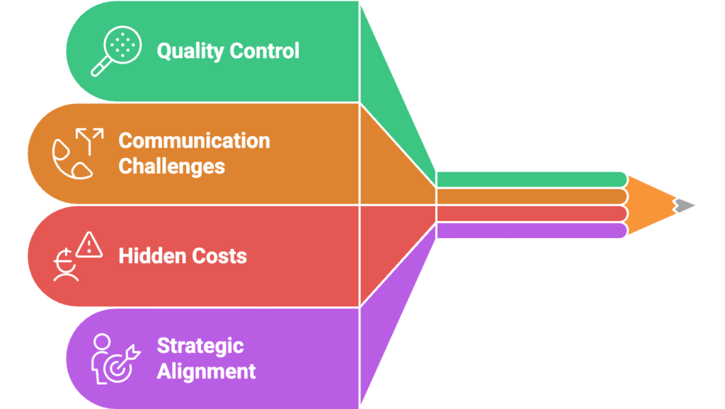 An infographic featuring stacked blocks titled Quality Control, Communication Challenges, Hidden Costs, and Strategic Alignment