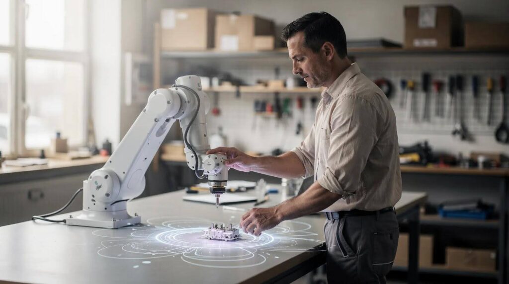 An engineer using a white robotic arm to inspect a prototype on a workbench