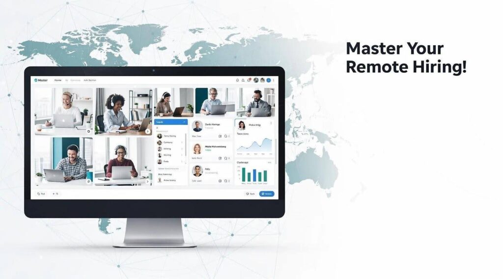 A desktop monitor displaying a remote hiring dashboard set against a global world map background with the headline "Master Your Remote Hiring!