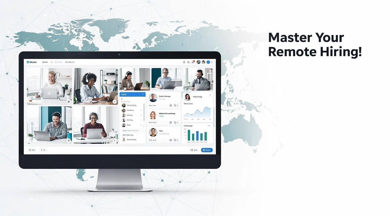 A desktop monitor displaying a remote hiring dashboard set against a global world map background with the headline "Master Your Remote Hiring!