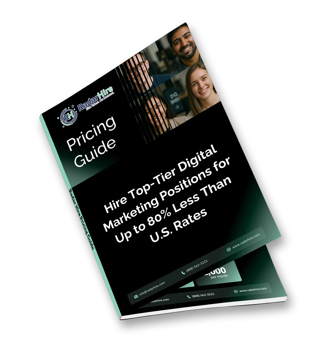 A mockup of a printed booklet titled "Pricing Guide" by RadarHire