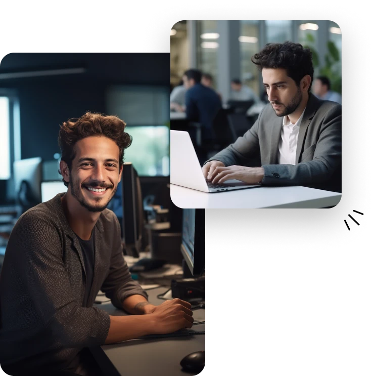 Collage of two professional men: one smiling at his desk in an office setting, and another working on a laptop