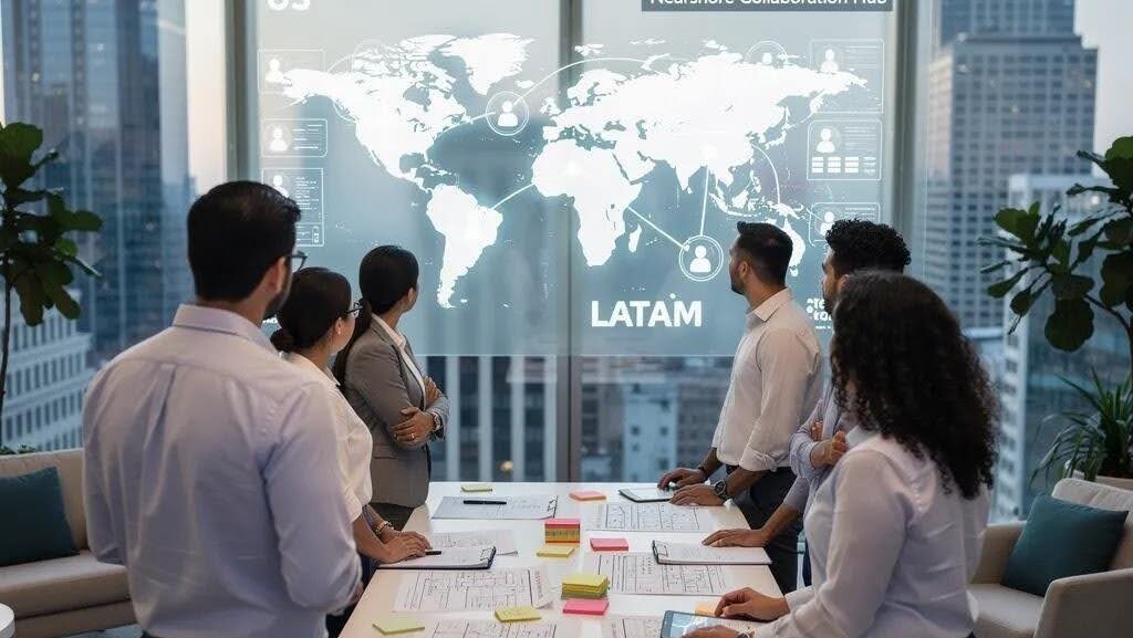 Group of people looking at the world map
