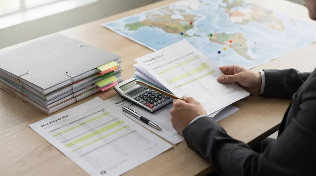 A man looking and handling the documents on the desk