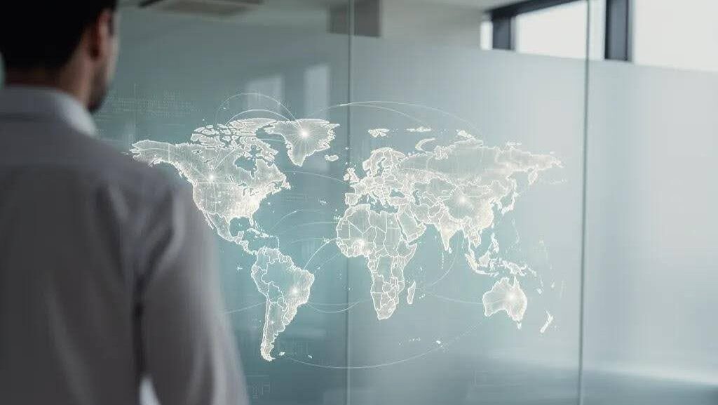 A man looking at a ray projected map of world