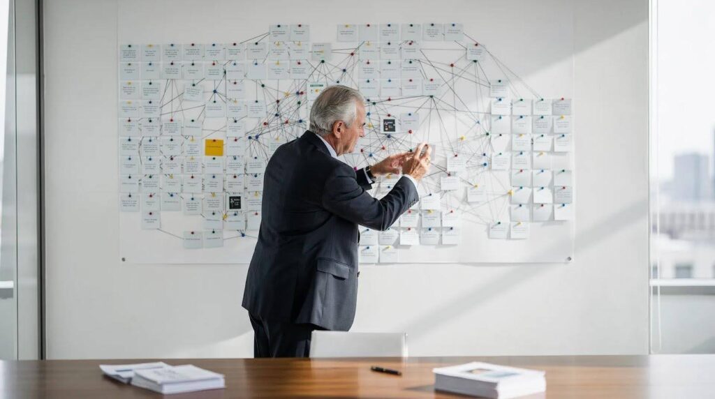 Senior professional attaching sticky notes on a giant white board