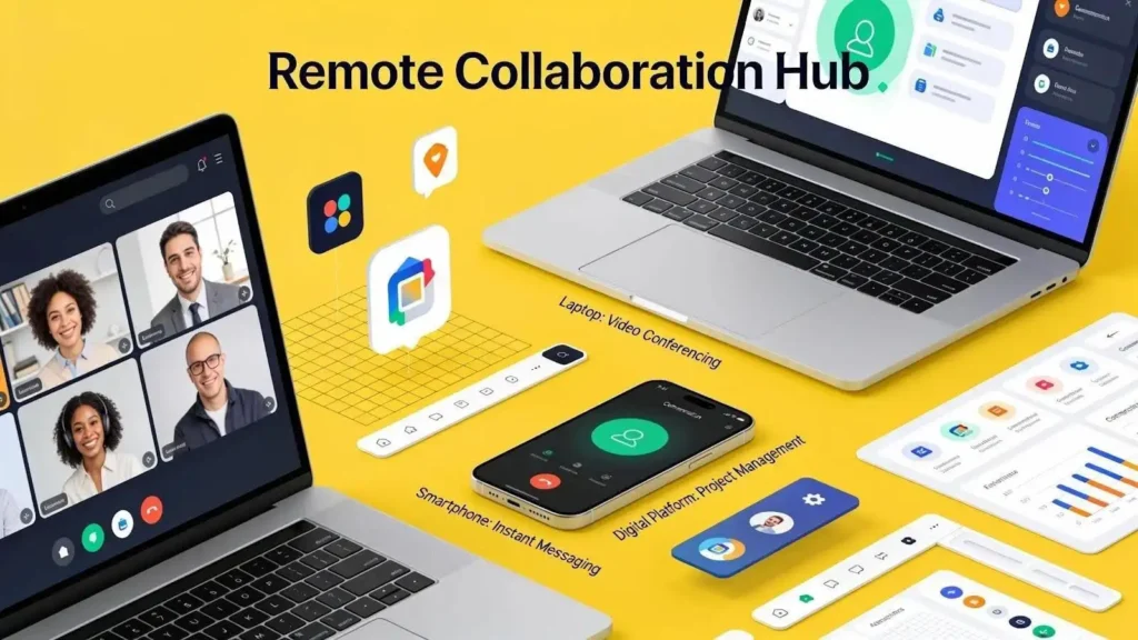 Graphics of desk which have several smart devices like laptop, mobile phone for remote collaboration in a workspace
