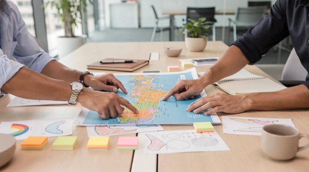 two people pointing their index finger on a world map placed on a desk