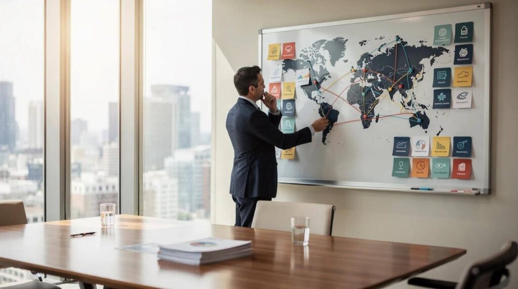 Person looking at a huge word map on a giant whiteboard and trying to make connections