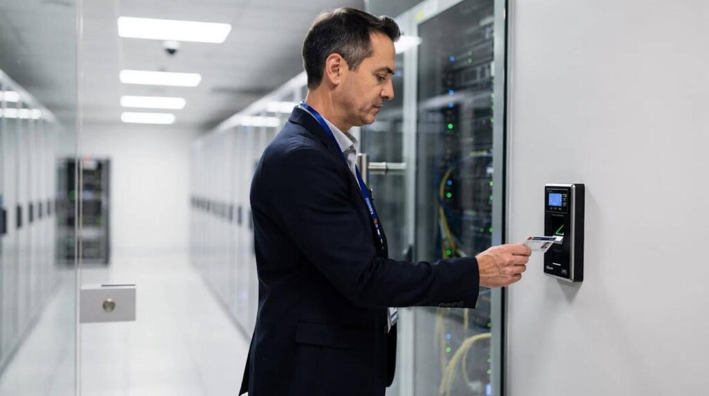 A man in a suit swiping an ID badge at a security card reader outside a server room