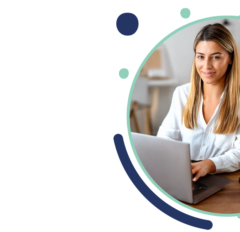 A professional woman smiling while working on a laptop, framed cutout with abstract graphic shapes
