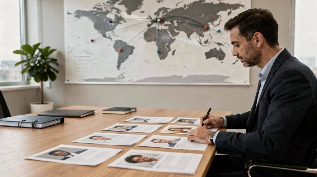 A man scrutinizing different resumes placed on the desk