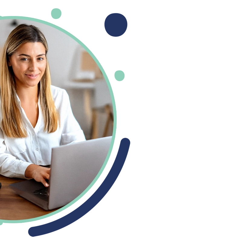 A smiling woman sitting at a desk and typing on a laptop, framed within a circular graphic element