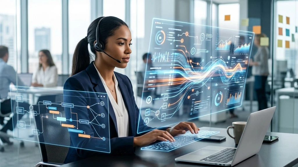 A modern, elite virtual assistant working at a sleek desk with multiple holographic displays showing rapid data processing and automated workflows.