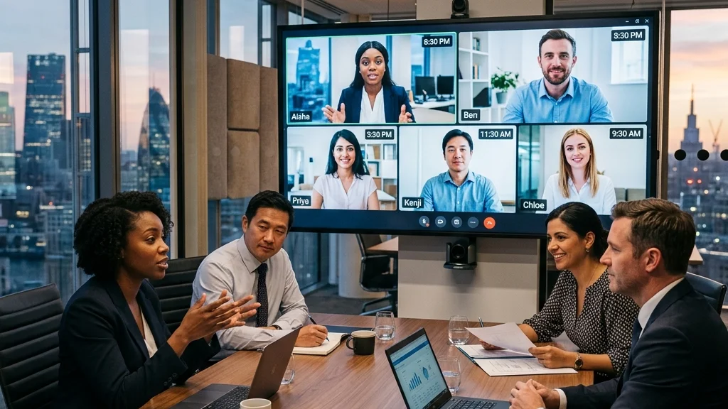 A diverse business team collaborating seamlessly on a video conference call, representing real-time overlapping time zone teamwork.
