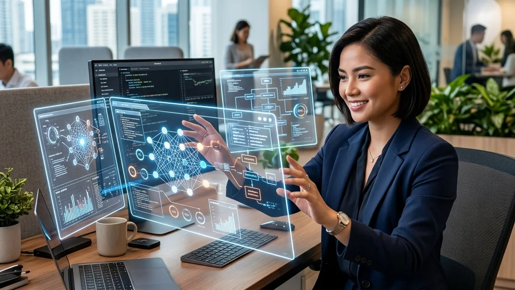 A young, modern Filipino tech professional confidently managing complex AI workflows on multiple holographic screens in a bright office