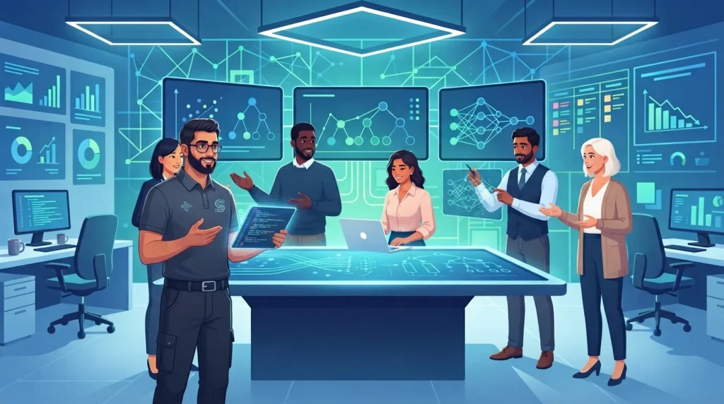 Diverse software engineers and data scientists collaborating, illustrating the seamless integration of nearshore technical talent from Brazil.