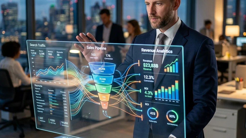An elite SEO strategist analyzing a transparent dashboard connecting search traffic directly to a sales pipeline in a modern office