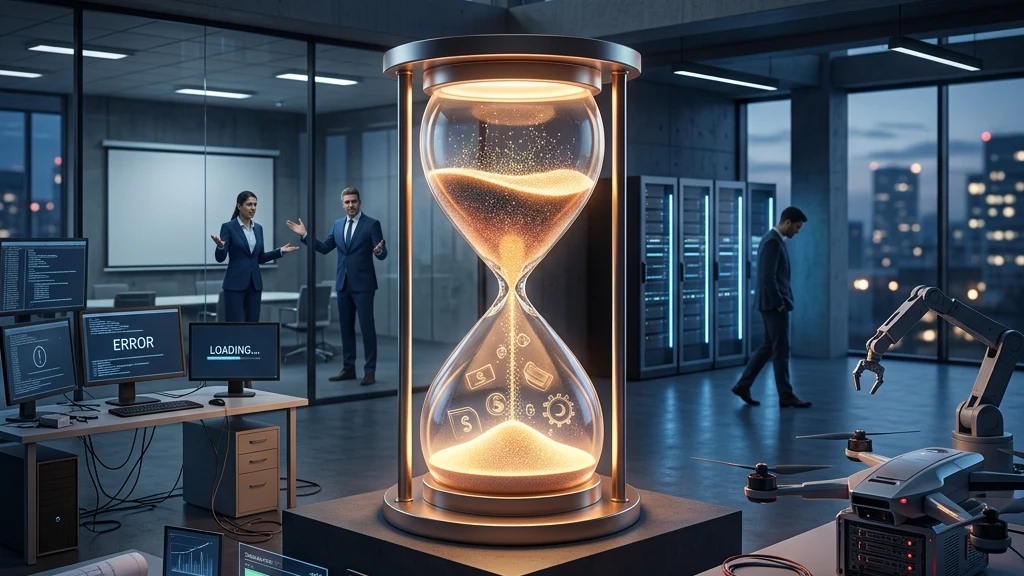 A glowing digital hourglass surrounded by stalled tech projects, symbolizing asynchronous friction and the financial cost of delay.