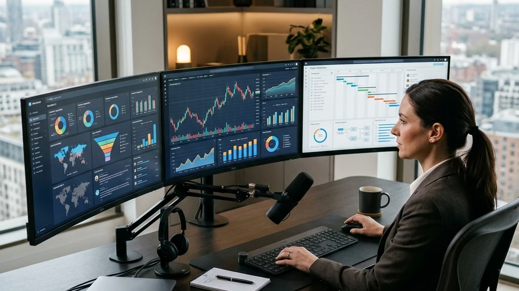 An elite virtual assistant's workstation featuring a multi-monitor setup displaying CRM dashboards, financial charts, and project milestones.