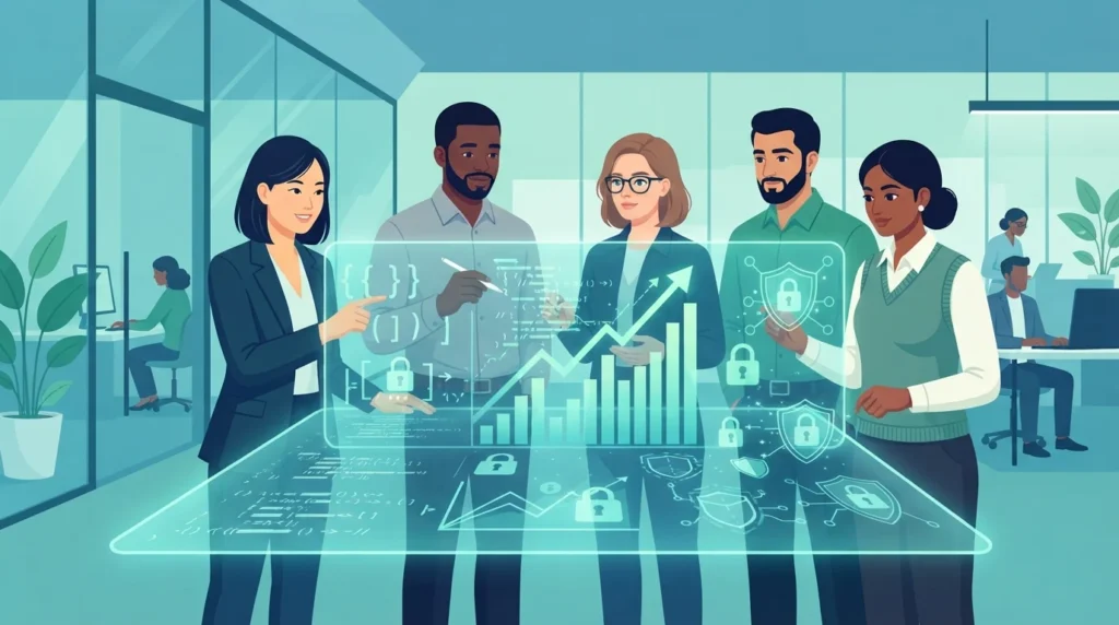 Diverse tech professionals collaborating on a secure financial dashboard, illustrating the advanced capabilities of nearshore Brazilian engineering teams