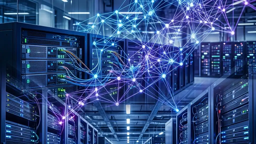 A wide panoramic corporate visualization of scaling artificial intelligence tech stacks with glowing neural network nodes and modern server architecture.