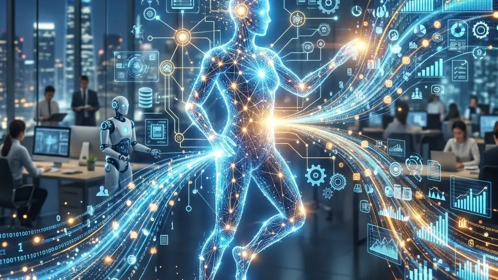 A glowing digital human silhouette blending with advanced technological automation nodes and high-speed data streams.