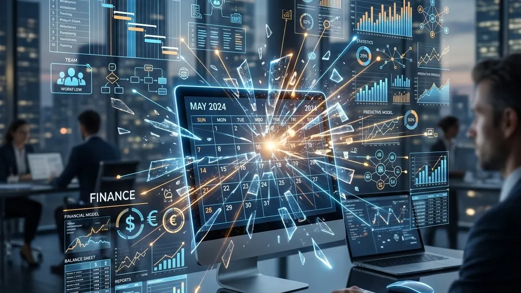 A modern, sleek glowing digital calendar expanding into diverse complex tasks like project management, data analysis, and finance.