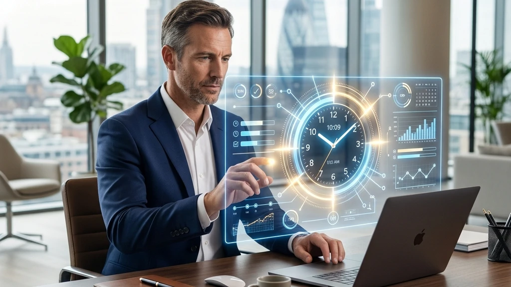 A glowing clock interface blending with a clean, organized modern executive desk, representing time management and executive productivity.