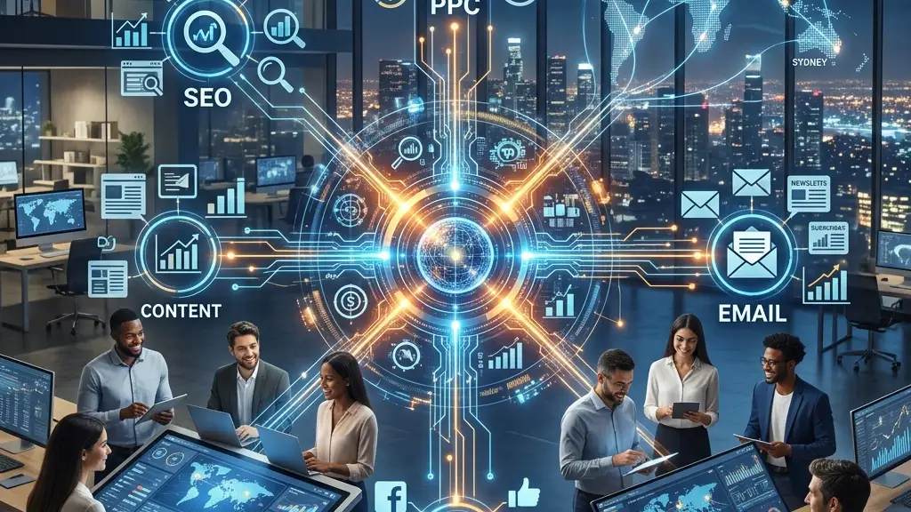 A central digital hub connecting various marketing channels like SEO, PPC, and email across a global network, representing team synchronization.