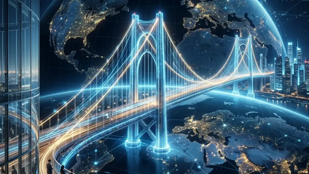 A glowing bridge connecting continents globally, illustrating solutions for the tech talent drought through offshore staffing.