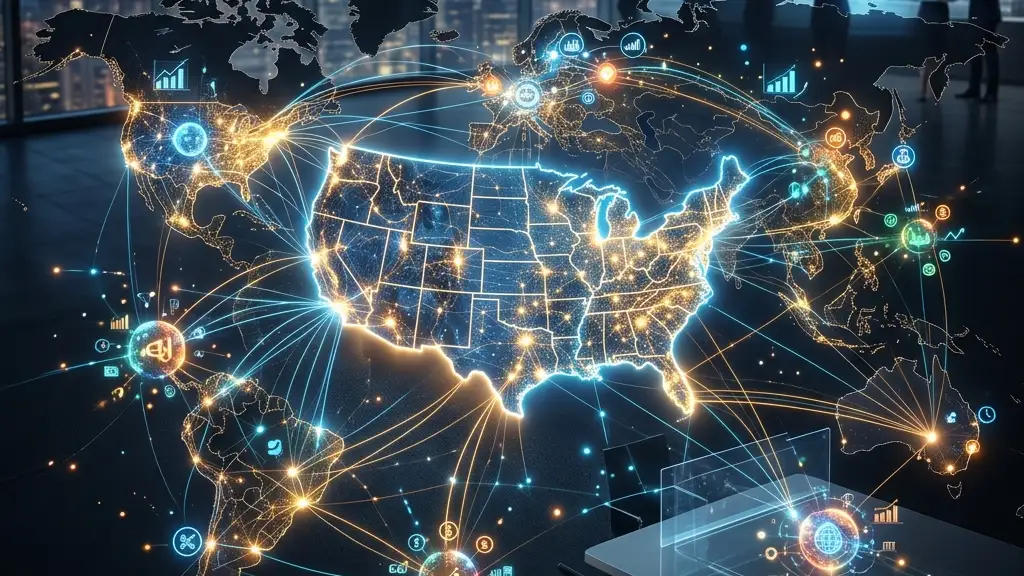 An abstract map of the United States connecting seamlessly with diverse global digital marketing nodes, representing deep cultural and market fluency.