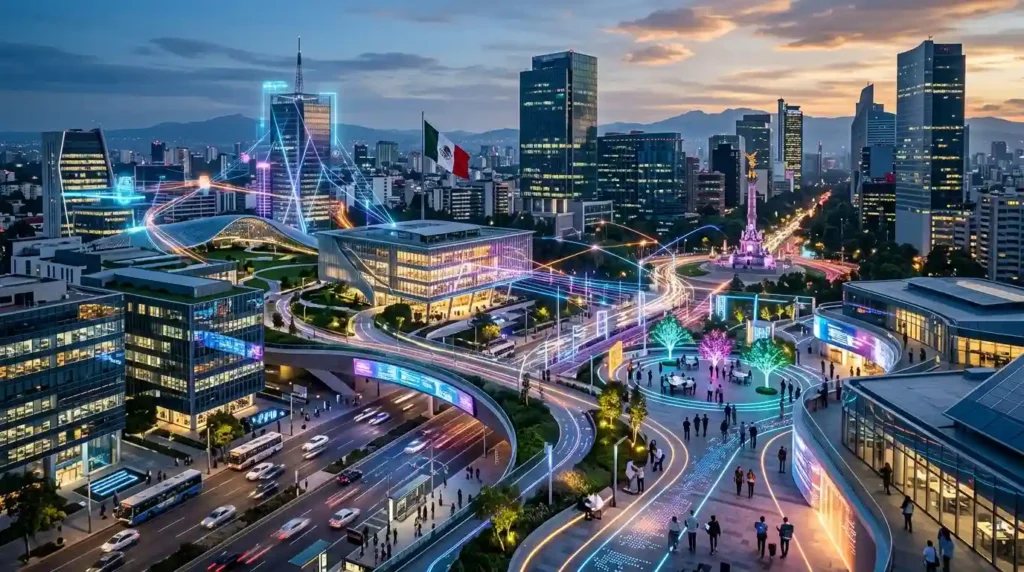 Graphics showing futuristic city imagery