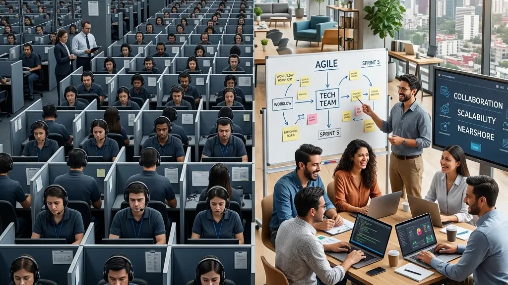 A side-by-side conceptual comparison showing a massive traditional call center next to a modern, agile nearshore tech team.