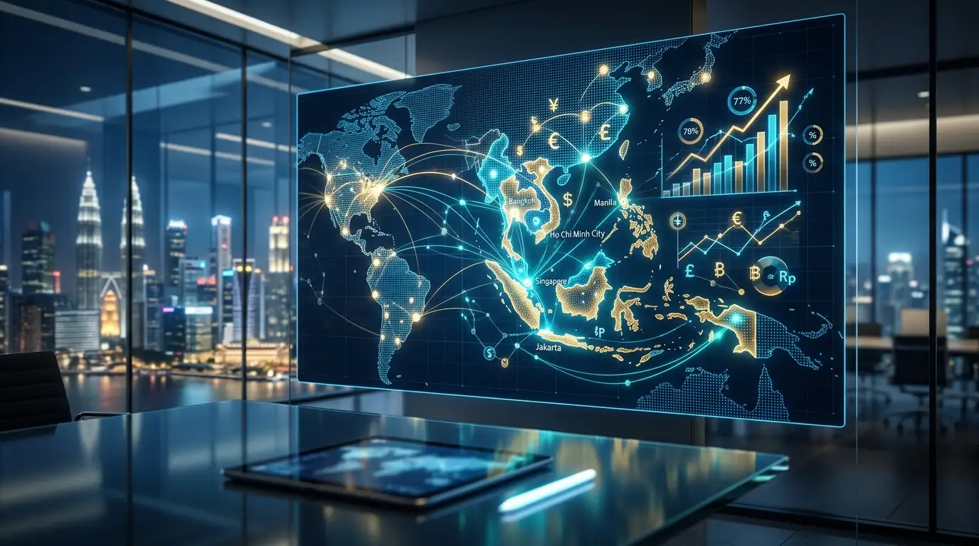 Digital world map on a glass display highlighting Southeast Asian business hubs, currency symbols, and growth charts in a modern boardroom