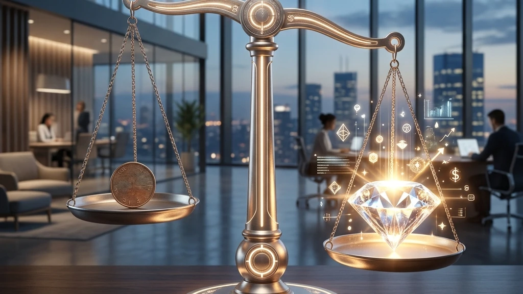 A glowing scale balancing a cheap coin against a heavy glowing diamond, representing the true long-term value of premium virtual assistance.