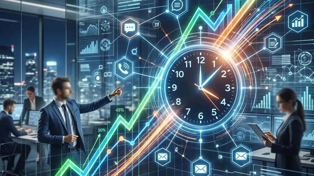 A financial growth chart intersecting with digital nodes and a clock, representing speed, ROI, and same-day communication.