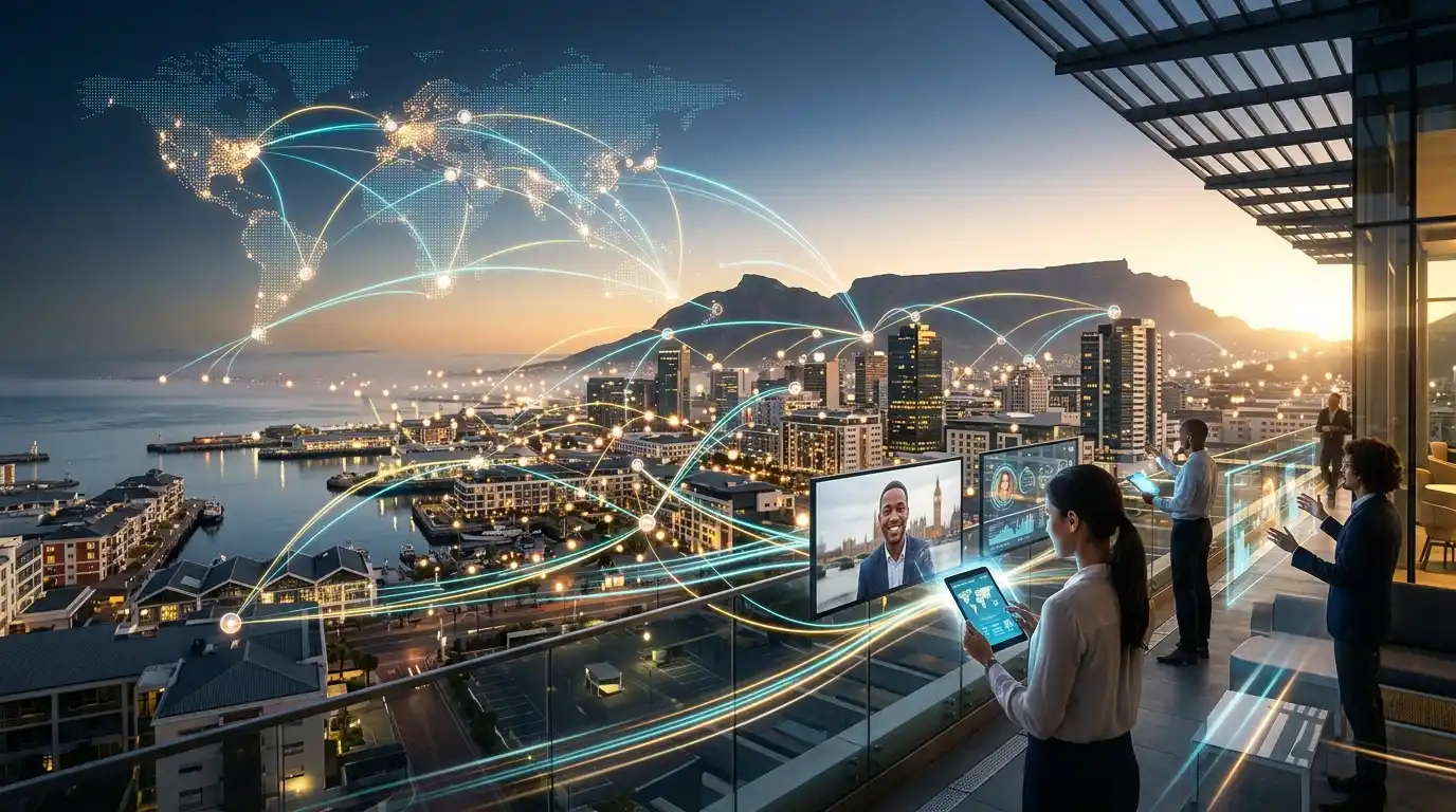 Professionals on a modern Cape Town balcony using digital screens and video conferencing, with glowing network lines connecting Table Mountain to a global map.
