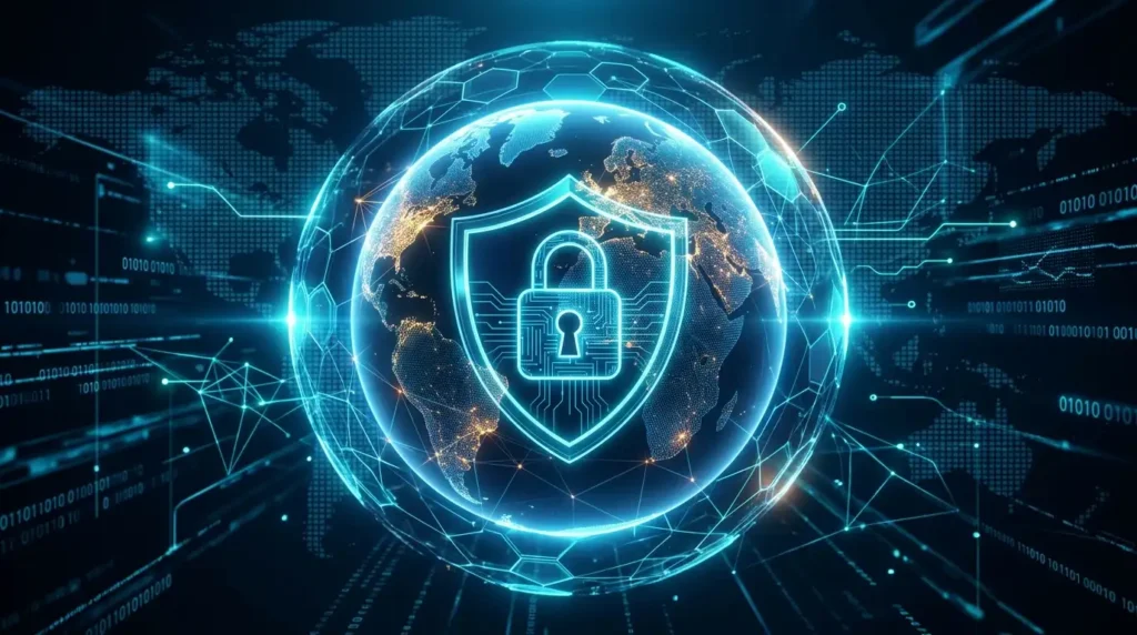 Conceptual 3D illustration of a glowing Earth globe protected by a digital security shield, representing secure global hiring.