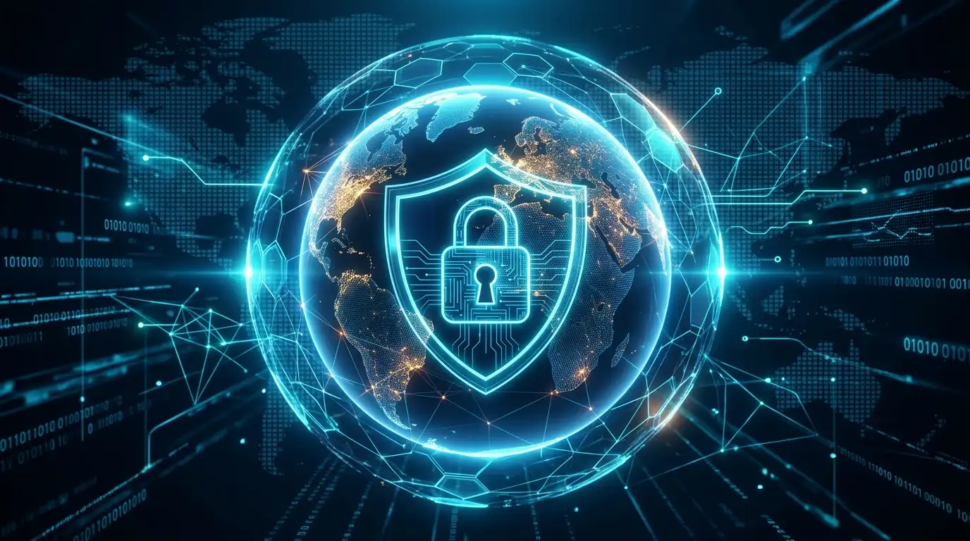 Conceptual 3D illustration of a glowing Earth globe protected by a digital security shield, representing secure global hiring.