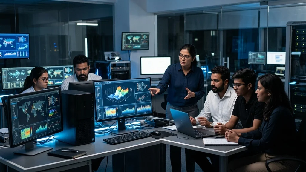 Highly professional Indian AI and Data Science team analyzing complex data visualizations in a modern tech lab