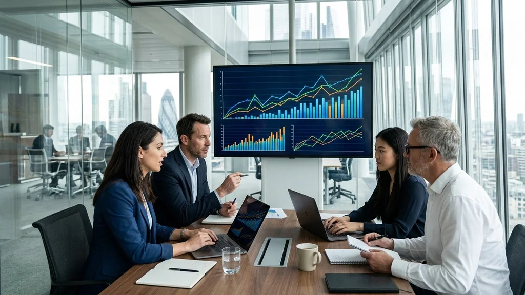 Corporate finance team analyzing digital growth charts representing currency arbitrage and hiring budgets