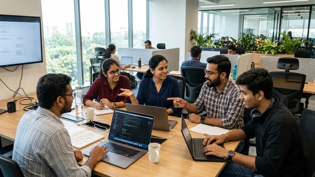 Diverse team of Indian software developers proactively collaborating in a bright modern tech office