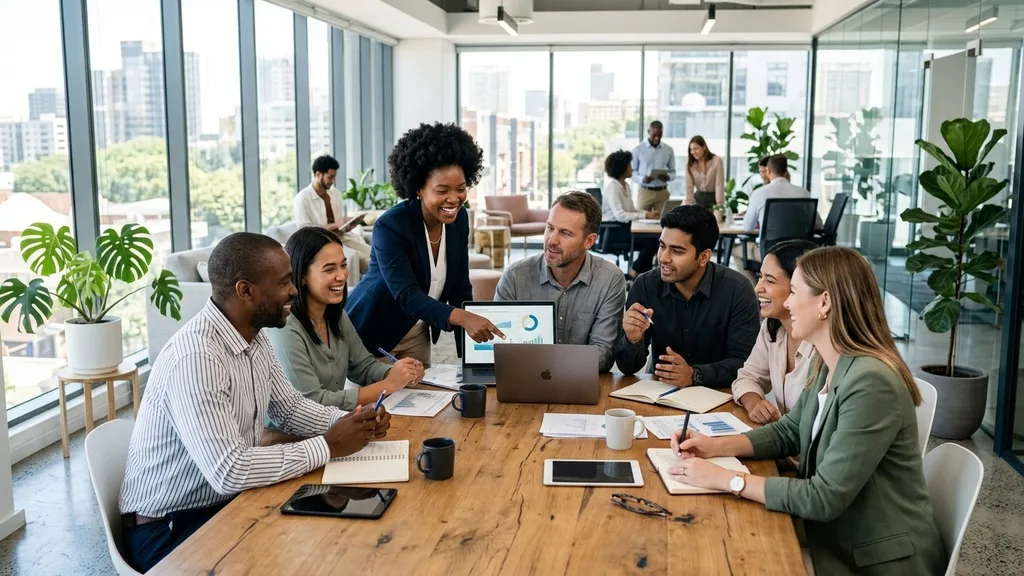A diverse, professional South African corporate team collaborating in a bright modern office