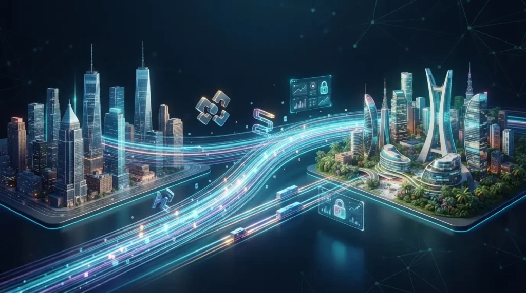 A glowing digital data stream connecting the United States and Brazil, representing seamless cross-border collaboration for fintech and SaaS development