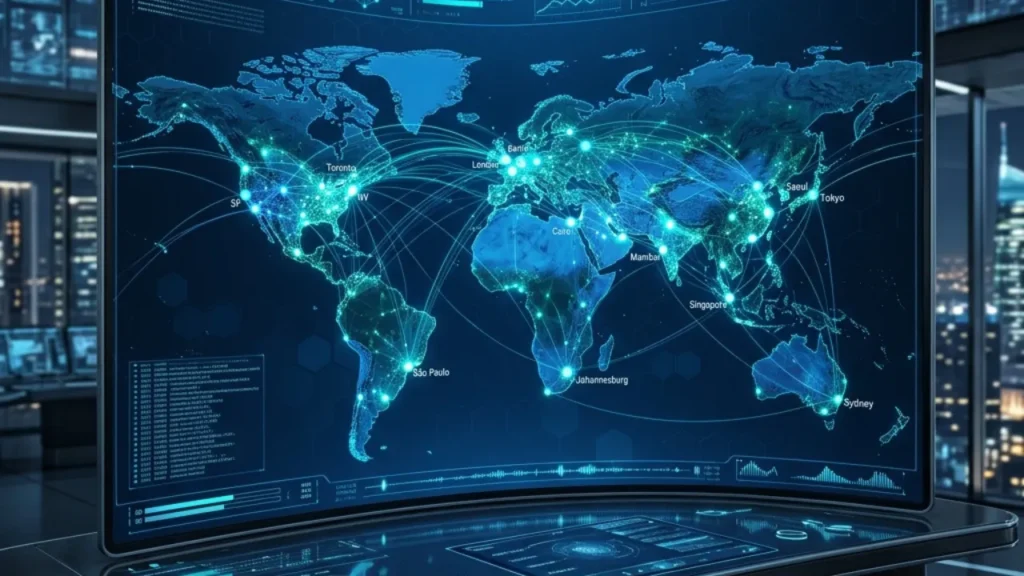 A futuristic digital world map dashboard highlighting a global network of skilled tech professionals.