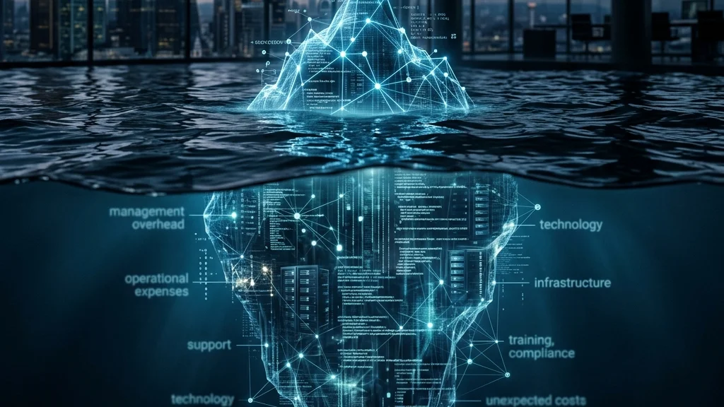 A massive digital iceberg where the small tip represents hourly rates and the huge underwater portion represents hidden management and operational costs.