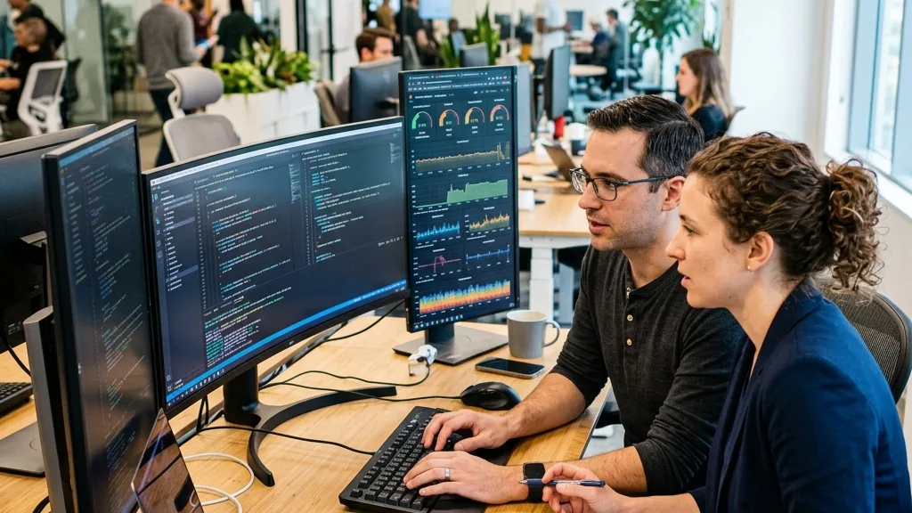 Focused software engineers engaging in high-velocity agile pair programming in real-time, representing maximum engineering velocity.