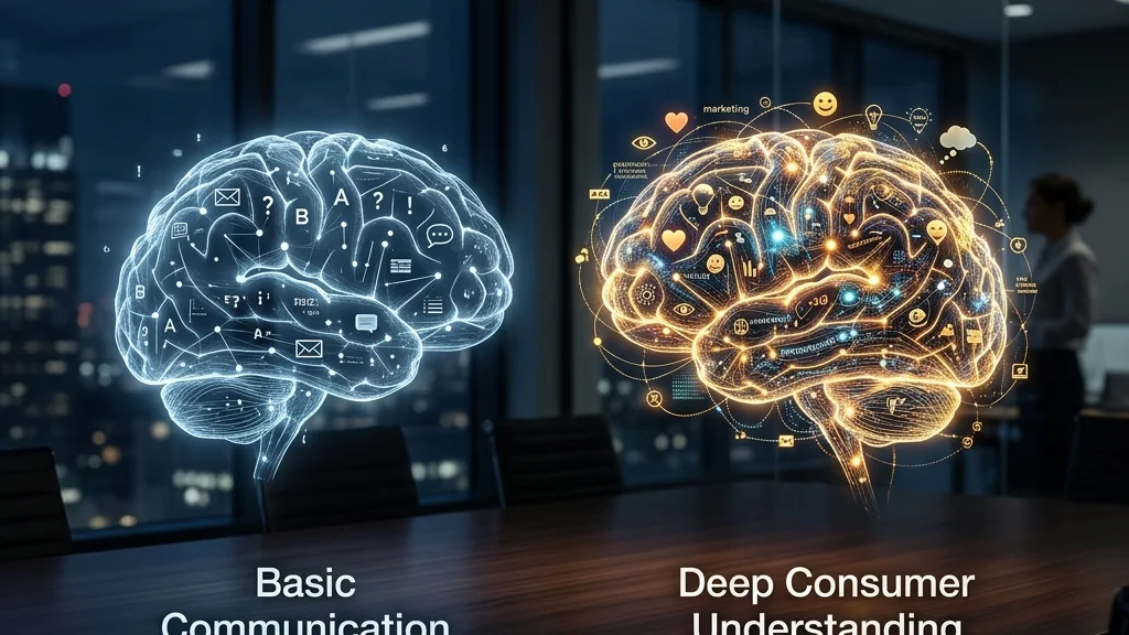 Two digital minds contrasting basic text symbols with complex emotional and psychological marketing connections, illustrating the difference between linguistic and market fluency.