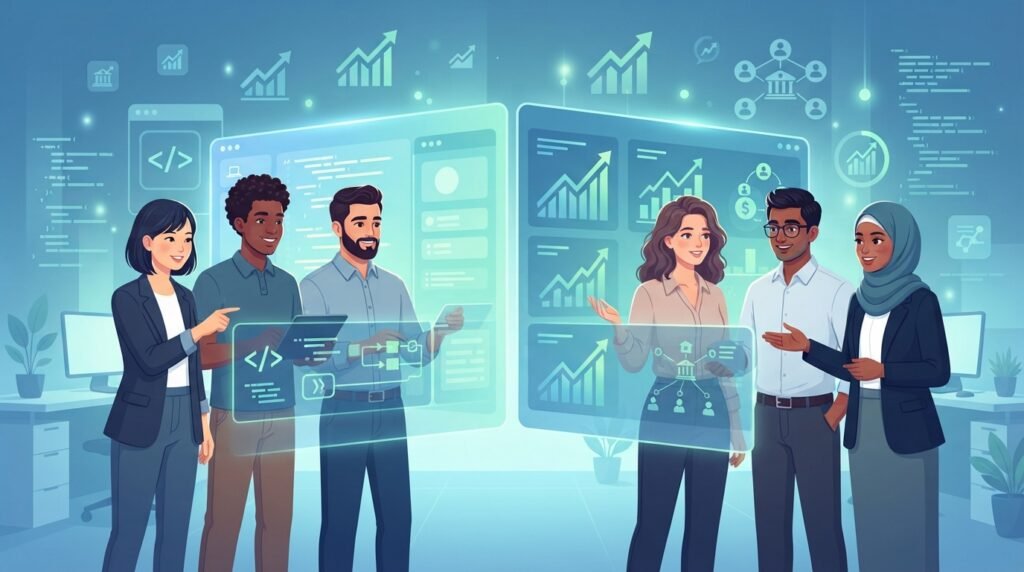Diverse tech and finance professionals collaborating effectively through secure digital platforms, representing the operational agility of nearshore outsourcing to Mexico.